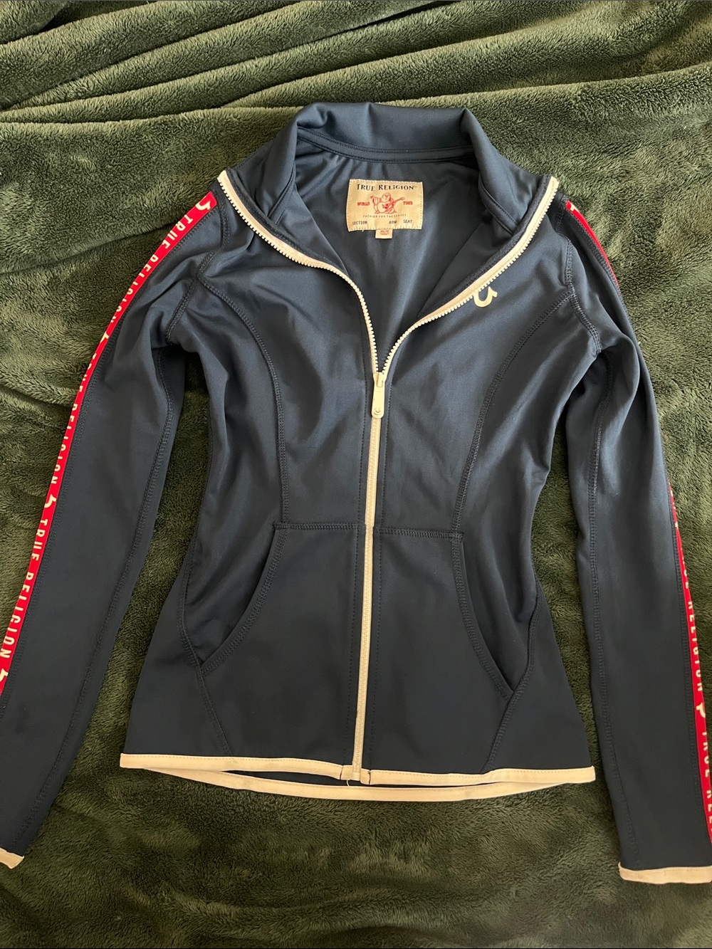 True Religion Navy Track Jacket with Red Stripe Accents